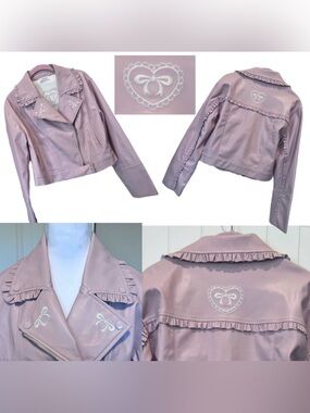 Rareraw Pink Ruffle Moto Jacket Heart Bow Embroidery Faux Leather SzSmall 18 PTP